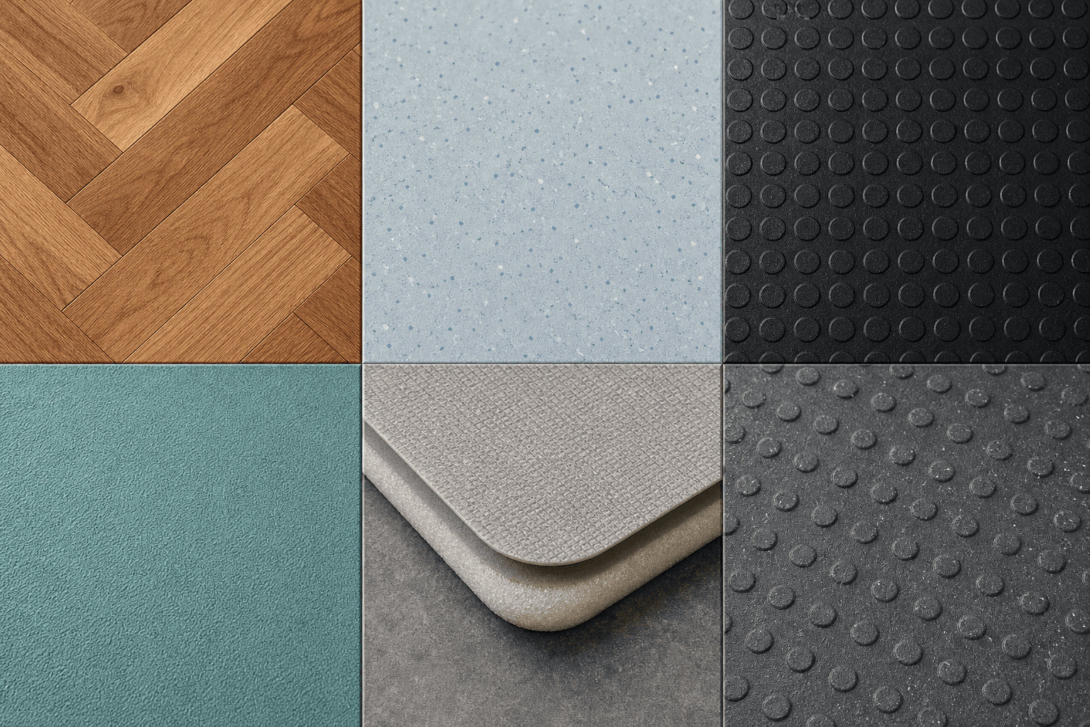 Texture samples of parquet, healthcare flooring, sports flooring, foam backed flooring and industrial flooring